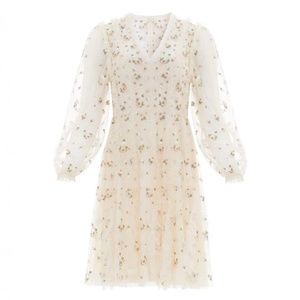 Needle & Thread Freida Ditsy Long Sleeve Mini Dress in Champagne